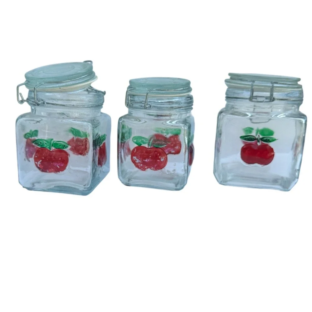 Red Apple Glass Canister Set of 3 Square Jars Vintage Locking Lids Farmhouse